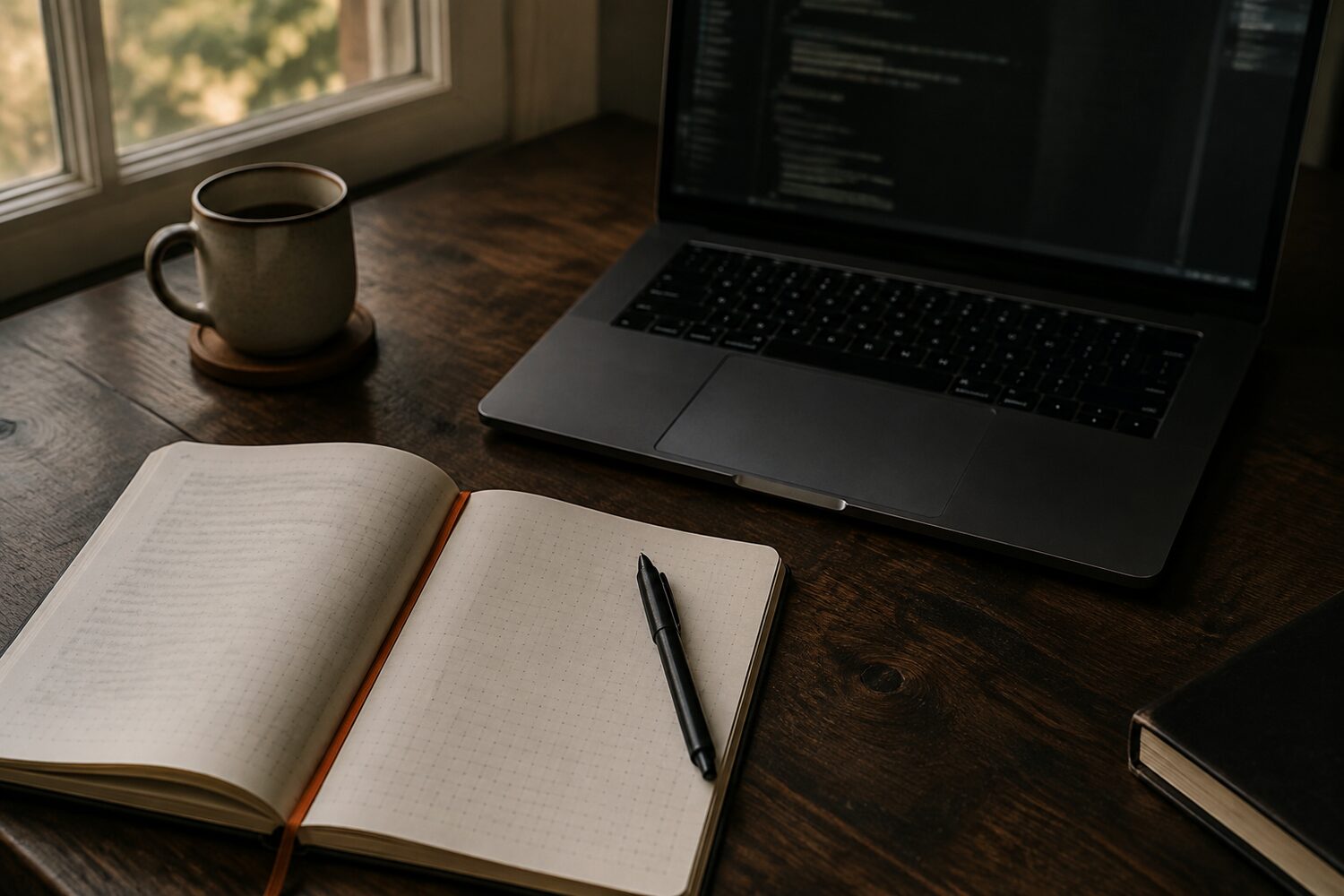 An open notebook and laptop on a quiet wooden desk beside a mug.