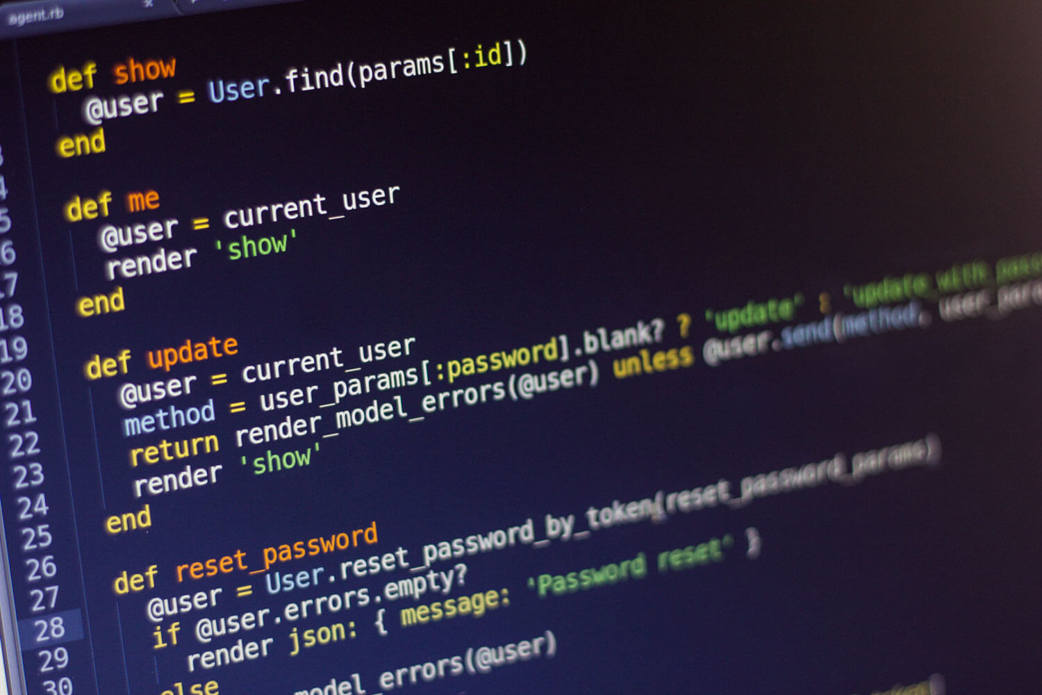 Close-up of a screen showing Ruby code — a controller with show, update, and reset_password methods.